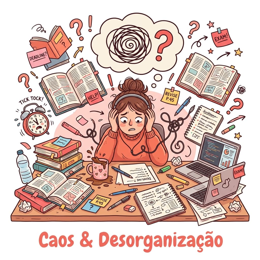 Ilustração de Caos e Desorganização nos estudos — livros espalhados, anotações, canetas e post-its em desordem
