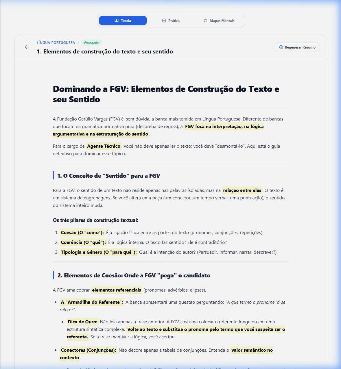 Interface do leitor de estudo teórico adaptativo exibindo marcações de texto e caixas de dicas geradas por IA